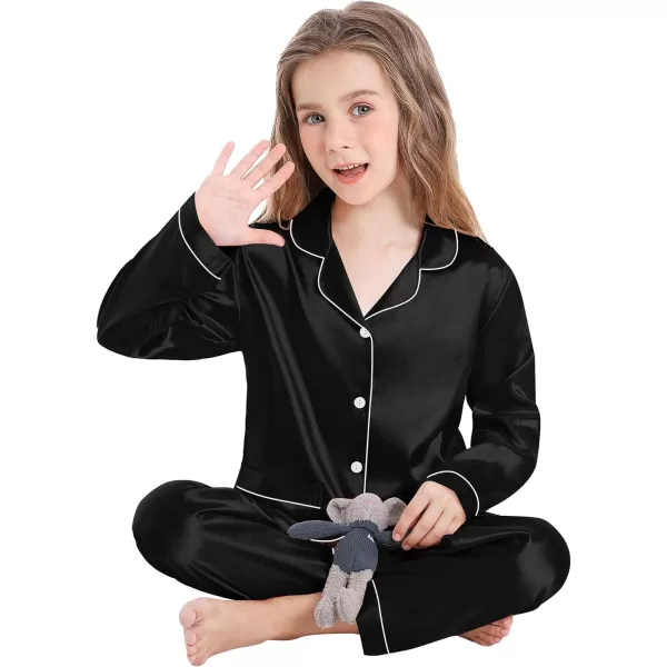 SWOMOG Kid Silk Satin Pajamas Set Girls Boys pj Set with 2 Pockets Long Sleeve Sleepwear Buttonup Lounge Sets NightwearBlack