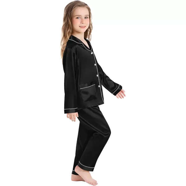 SWOMOG Kid Silk Satin Pajamas Set Girls Boys pj Set with 2 Pockets Long Sleeve Sleepwear Buttonup Lounge Sets NightwearBlack