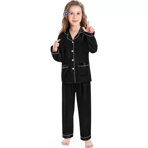 SWOMOG Kid Silk Satin Pajamas Set Girls Boys pj Set with 2 Pockets Long Sleeve Sleepwear Buttonup Lounge Sets NightwearBlack