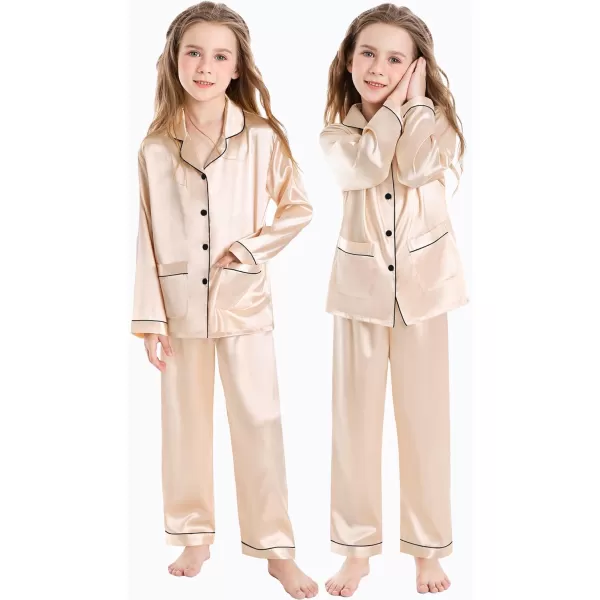 SWOMOG Kid Silk Satin Pajamas Set Girls Boys pj Set with 2 Pockets Long Sleeve Sleepwear Buttonup Lounge Sets NightwearChampagne