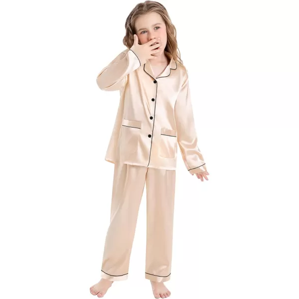 SWOMOG Kid Silk Satin Pajamas Set Girls Boys pj Set with 2 Pockets Long Sleeve Sleepwear Buttonup Lounge Sets NightwearChampagne