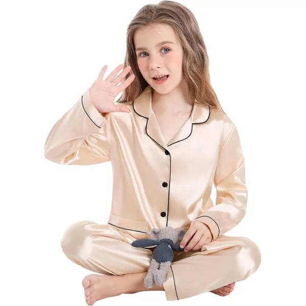 SWOMOG Kid Silk Satin Pajamas Set Girls Boys pj Set with 2 Pockets Long Sleeve Sleepwear Buttonup Lounge Sets NightwearChampagne