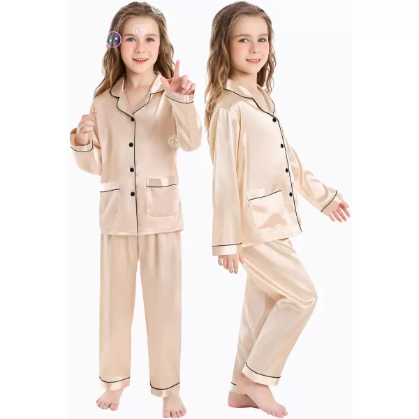 SWOMOG Kid Silk Satin Pajamas Set Girls Boys pj Set with 2 Pockets Long Sleeve Sleepwear Buttonup Lounge Sets NightwearChampagne