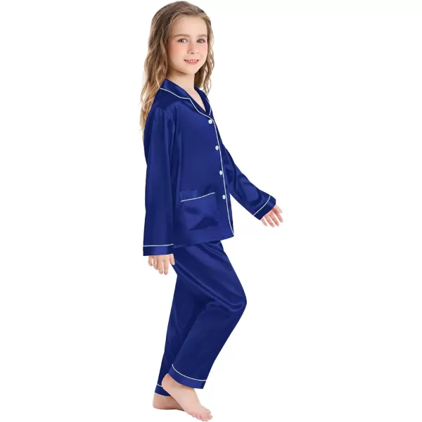 SWOMOG Kid Silk Satin Pajamas Set Girls Boys pj Set with 2 Pockets Long Sleeve Sleepwear Buttonup Lounge Sets NightwearDeep Navy Blue