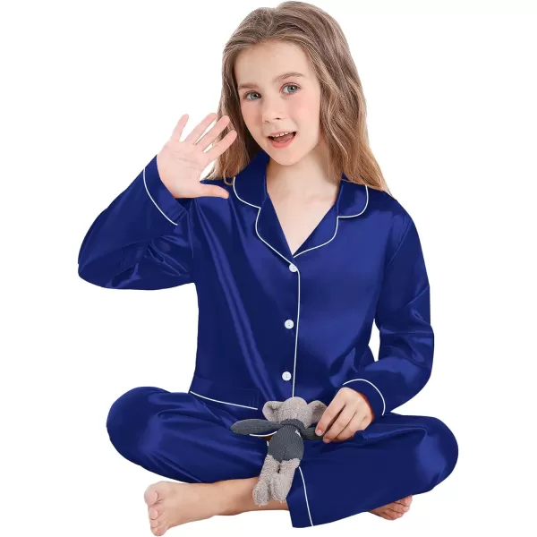 SWOMOG Kid Silk Satin Pajamas Set Girls Boys pj Set with 2 Pockets Long Sleeve Sleepwear Buttonup Lounge Sets NightwearDeep Navy Blue