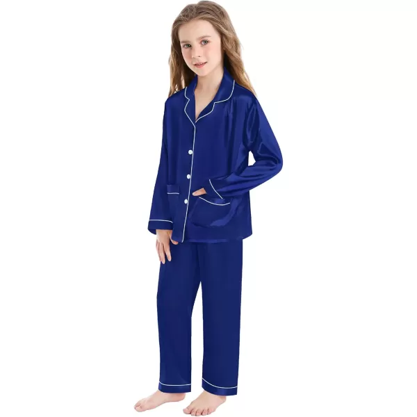 SWOMOG Kid Silk Satin Pajamas Set Girls Boys pj Set with 2 Pockets Long Sleeve Sleepwear Buttonup Lounge Sets NightwearDeep Navy Blue