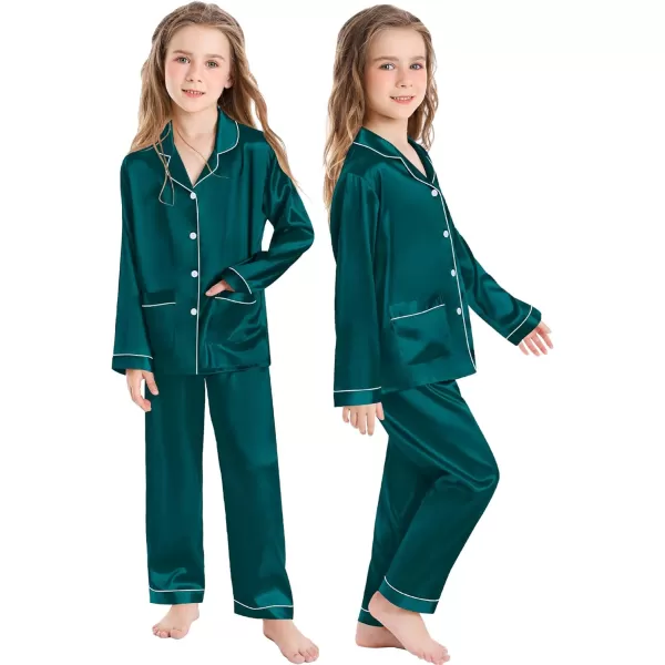SWOMOG Kid Silk Satin Pajamas Set Girls Boys pj Set with 2 Pockets Long Sleeve Sleepwear Buttonup Lounge Sets NightwearGreen
