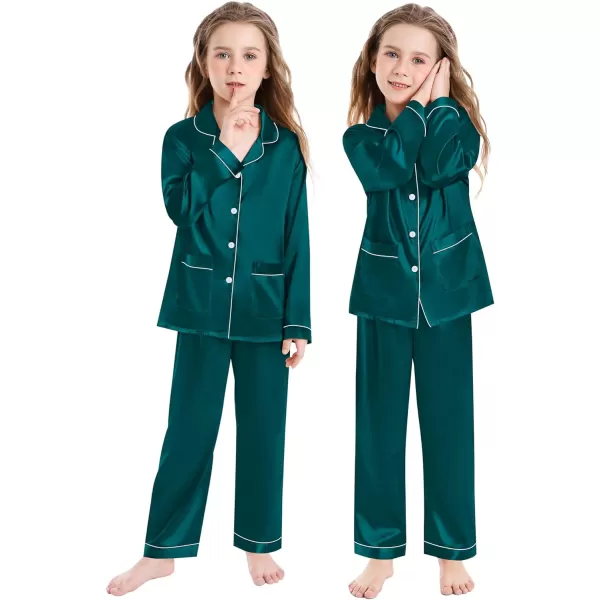SWOMOG Kid Silk Satin Pajamas Set Girls Boys pj Set with 2 Pockets Long Sleeve Sleepwear Buttonup Lounge Sets NightwearGreen