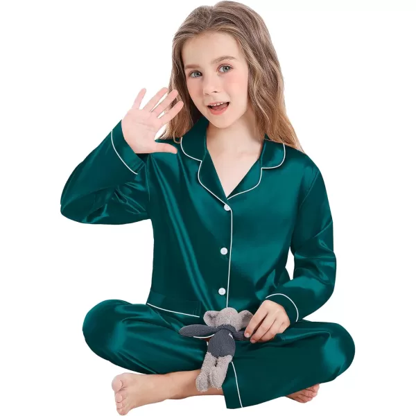 SWOMOG Kid Silk Satin Pajamas Set Girls Boys pj Set with 2 Pockets Long Sleeve Sleepwear Buttonup Lounge Sets NightwearGreen