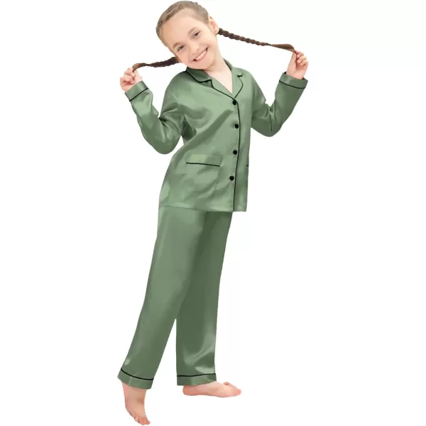 SWOMOG Kid Silk Satin Pajamas Set Girls Boys pj Set with 2 Pockets Long Sleeve Sleepwear Buttonup Lounge Sets NightwearMatcha