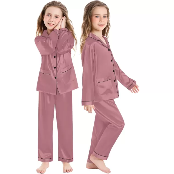 SWOMOG Kid Silk Satin Pajamas Set Girls Boys pj Set with 2 Pockets Long Sleeve Sleepwear Buttonup Lounge Sets NightwearMisty Rose