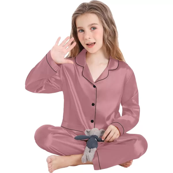 SWOMOG Kid Silk Satin Pajamas Set Girls Boys pj Set with 2 Pockets Long Sleeve Sleepwear Buttonup Lounge Sets NightwearMisty Rose
