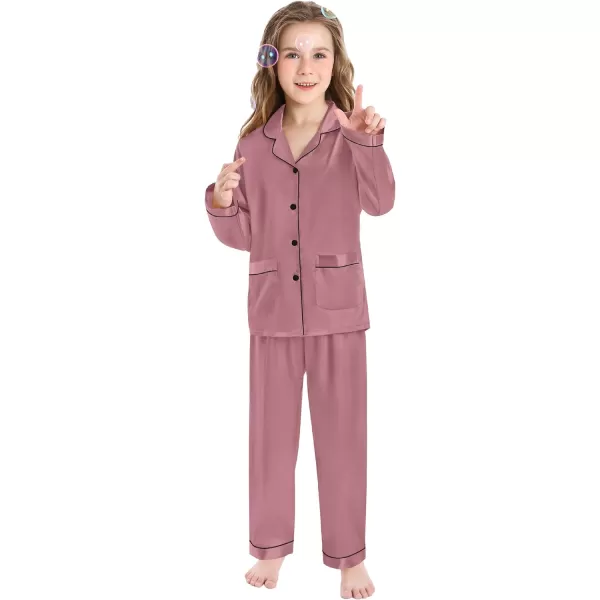 SWOMOG Kid Silk Satin Pajamas Set Girls Boys pj Set with 2 Pockets Long Sleeve Sleepwear Buttonup Lounge Sets NightwearMisty Rose