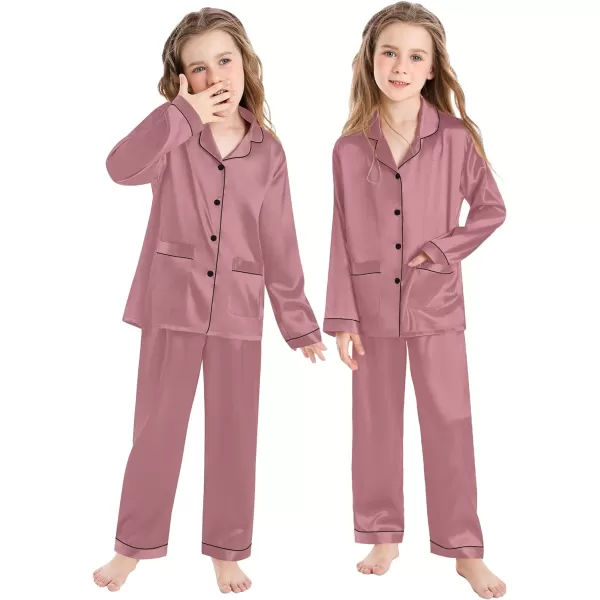 SWOMOG Kid Silk Satin Pajamas Set Girls Boys pj Set with 2 Pockets Long Sleeve Sleepwear Buttonup Lounge Sets NightwearMisty Rose