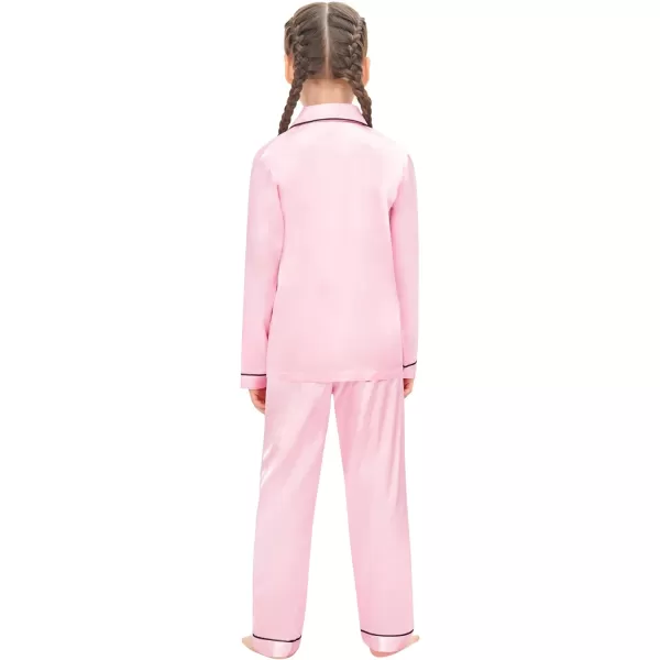 SWOMOG Kid Silk Satin Pajamas Set Girls Boys pj Set with 2 Pockets Long Sleeve Sleepwear Buttonup Lounge Sets NightwearPink