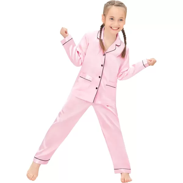 SWOMOG Kid Silk Satin Pajamas Set Girls Boys pj Set with 2 Pockets Long Sleeve Sleepwear Buttonup Lounge Sets NightwearPink