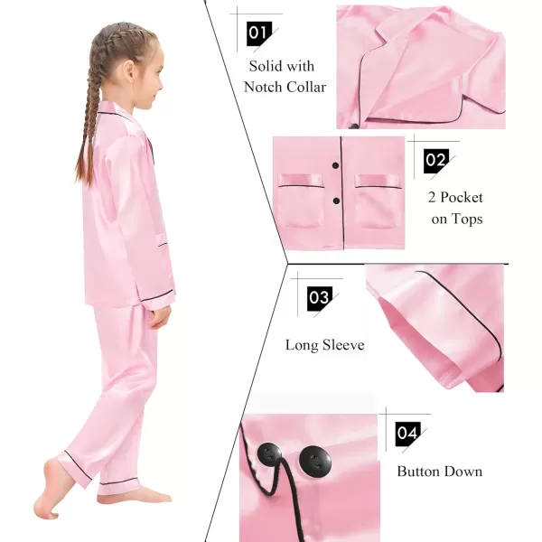 SWOMOG Kid Silk Satin Pajamas Set Girls Boys pj Set with 2 Pockets Long Sleeve Sleepwear Buttonup Lounge Sets NightwearPink