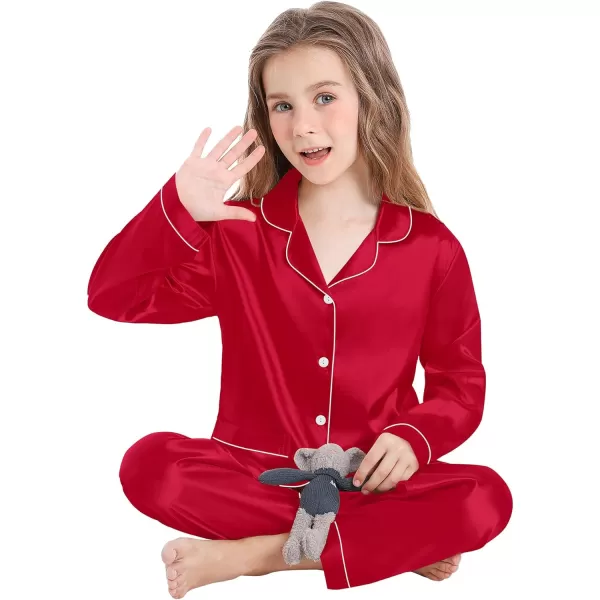 SWOMOG Kid Silk Satin Pajamas Set Girls Boys pj Set with 2 Pockets Long Sleeve Sleepwear Buttonup Lounge Sets NightwearRed