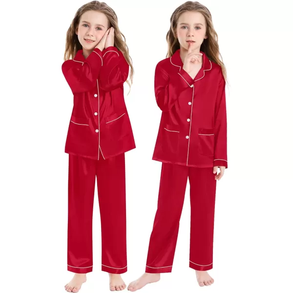 SWOMOG Kid Silk Satin Pajamas Set Girls Boys pj Set with 2 Pockets Long Sleeve Sleepwear Buttonup Lounge Sets NightwearRed