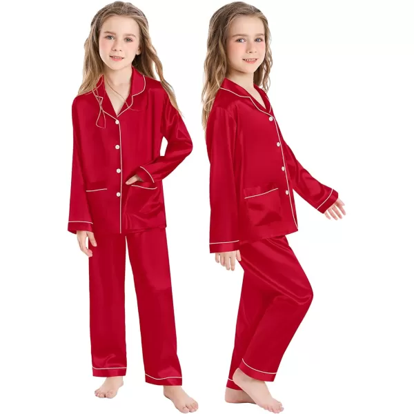 SWOMOG Kid Silk Satin Pajamas Set Girls Boys pj Set with 2 Pockets Long Sleeve Sleepwear Buttonup Lounge Sets NightwearRed
