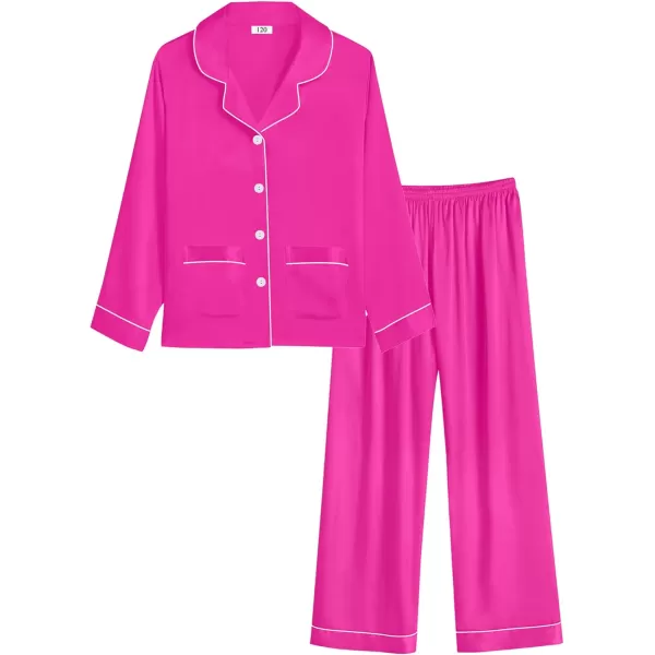 SWOMOG Kid Silk Satin Pajamas Set Girls Boys pj Set with 2 Pockets Long Sleeve Sleepwear Buttonup Lounge Sets NightwearRose Red