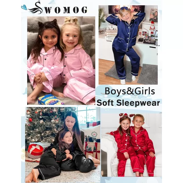 SWOMOG Kid Silk Satin Pajamas Set Girls Boys pj Set with 2 Pockets Long Sleeve Sleepwear Buttonup Lounge Sets NightwearRose Red