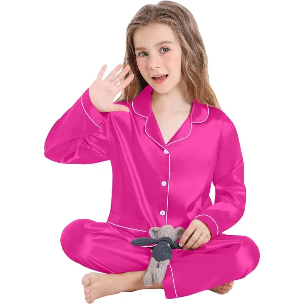 SWOMOG Kid Silk Satin Pajamas Set Girls Boys pj Set with 2 Pockets Long Sleeve Sleepwear Buttonup Lounge Sets NightwearRose Red