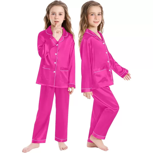 SWOMOG Kid Silk Satin Pajamas Set Girls Boys pj Set with 2 Pockets Long Sleeve Sleepwear Buttonup Lounge Sets NightwearRose Red