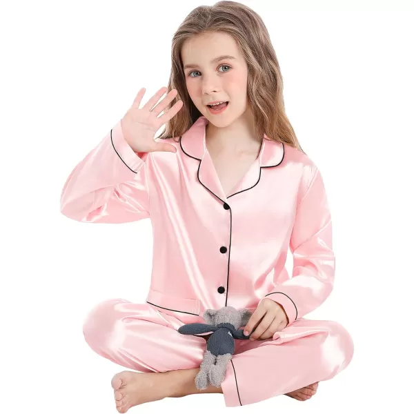 SWOMOG Kid Silk Satin Pajamas Set Girls Boys pj Set with 2 Pockets Long Sleeve Sleepwear Buttonup Lounge Sets NightwearSakura Pink