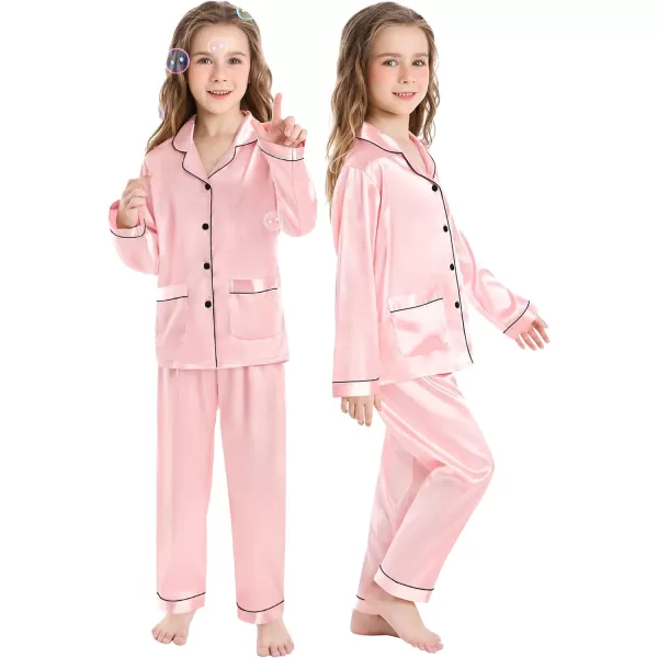 SWOMOG Kid Silk Satin Pajamas Set Girls Boys pj Set with 2 Pockets Long Sleeve Sleepwear Buttonup Lounge Sets NightwearSakura Pink