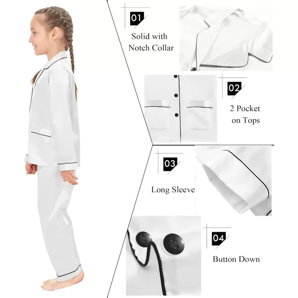 SWOMOG Kid Silk Satin Pajamas Set Girls Boys pj Set with 2 Pockets Long Sleeve Sleepwear Buttonup Lounge Sets NightwearWhite