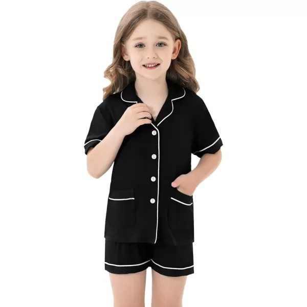 SWOMOG Kids Girls Boys Modal Pajamas Set Short Sleeve PJs Sets ButtonDown Soft Lounge Sets With Two PocketsBlack