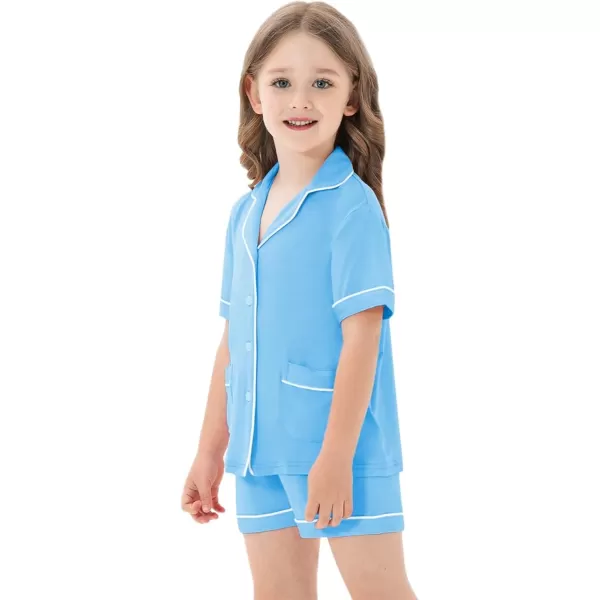 SWOMOG Kids Girls Boys Modal Pajamas Set Short Sleeve PJs Sets ButtonDown Soft Lounge Sets With Two PocketsLight Blue