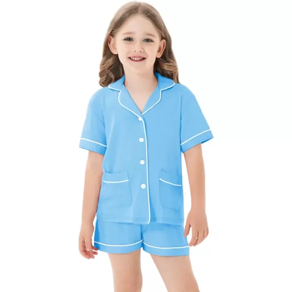 SWOMOG Kids Girls Boys Modal Pajamas Set Short Sleeve PJs Sets ButtonDown Soft Lounge Sets With Two PocketsLight Blue