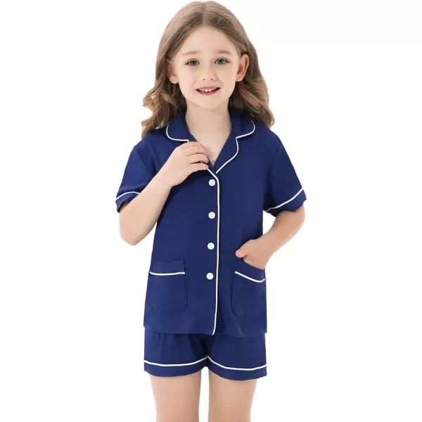 SWOMOG Kids Girls Boys Modal Pajamas Set Short Sleeve PJs Sets ButtonDown Soft Lounge Sets With Two PocketsNavy