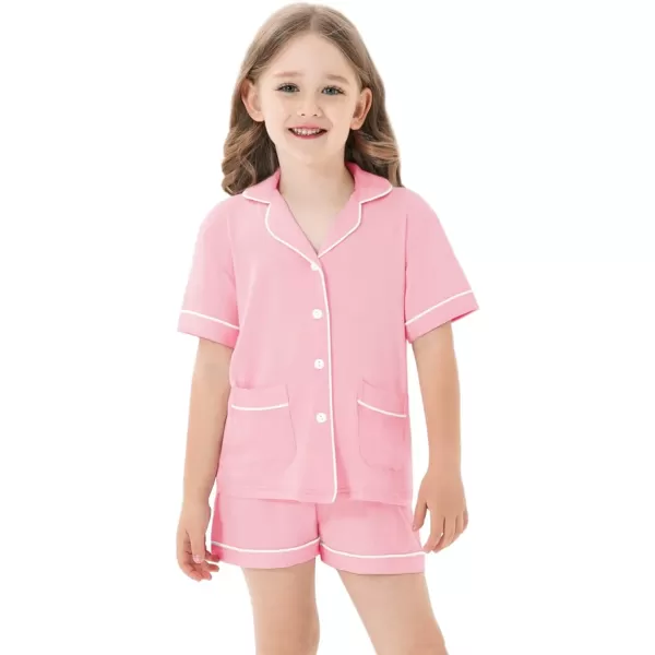 SWOMOG Kids Girls Boys Modal Pajamas Set Short Sleeve PJs Sets ButtonDown Soft Lounge Sets With Two PocketsPink