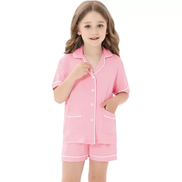 SWOMOG Kids Girls Boys Modal Pajamas Set Short Sleeve PJs Sets ButtonDown Soft Lounge Sets With Two PocketsPink