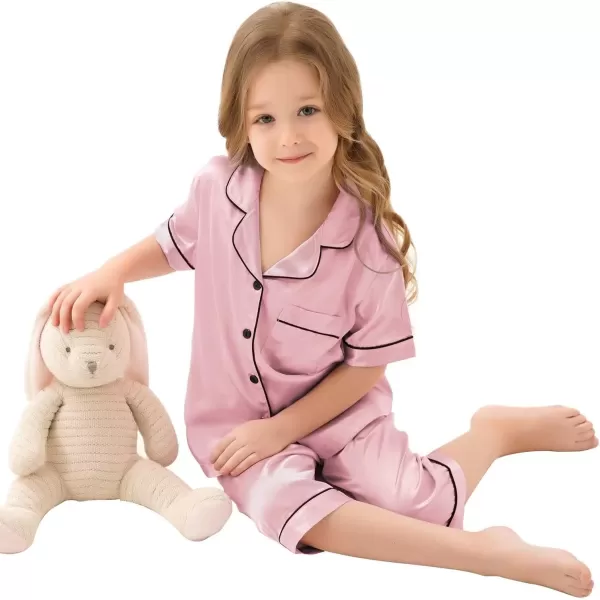 SWOMOG Kids Girls Boys Silk Pajamas Set ButtonDown Satin PJs TwoPiece Lounge Sets Short Sleeve Sleepwear with Capri PantsSWOMOG Kids Girls Boys Silk Pajamas Set ButtonDown Satin PJs TwoPiece Lounge Sets Short Sleeve Sleepwear with Capri Pants