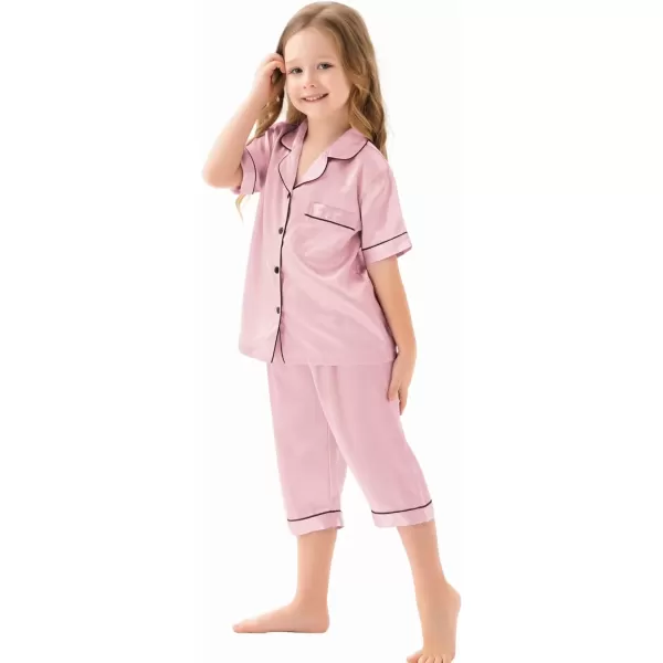 SWOMOG Kids Girls Boys Silk Pajamas Set ButtonDown Satin PJs TwoPiece Lounge Sets Short Sleeve Sleepwear with Capri PantsSWOMOG Kids Girls Boys Silk Pajamas Set ButtonDown Satin PJs TwoPiece Lounge Sets Short Sleeve Sleepwear with Capri Pants