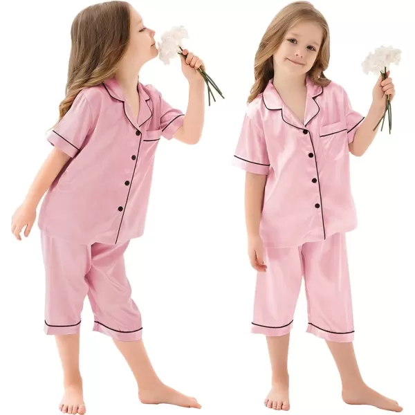 SWOMOG Kids Girls Boys Silk Pajamas Set ButtonDown Satin PJs TwoPiece Lounge Sets Short Sleeve Sleepwear with Capri PantsSWOMOG Kids Girls Boys Silk Pajamas Set ButtonDown Satin PJs TwoPiece Lounge Sets Short Sleeve Sleepwear with Capri Pants