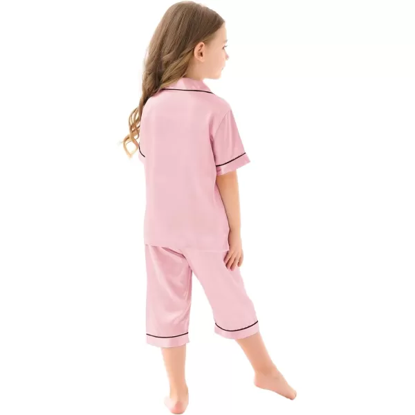 SWOMOG Kids Girls Boys Silk Pajamas Set ButtonDown Satin PJs TwoPiece Lounge Sets Short Sleeve Sleepwear with Capri PantsSWOMOG Kids Girls Boys Silk Pajamas Set ButtonDown Satin PJs TwoPiece Lounge Sets Short Sleeve Sleepwear with Capri Pants