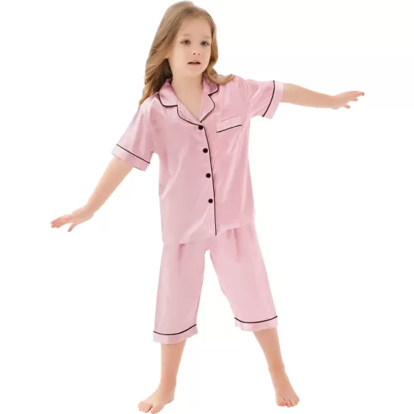 SWOMOG Kids Girls Boys Silk Pajamas Set ButtonDown Satin PJs TwoPiece Lounge Sets Short Sleeve Sleepwear with Capri PantsSWOMOG Kids Girls Boys Silk Pajamas Set ButtonDown Satin PJs TwoPiece Lounge Sets Short Sleeve Sleepwear with Capri Pants