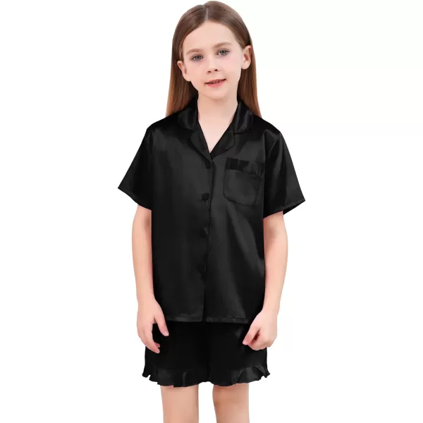 SWOMOG Kids Girls Silk Satin Pajamas Sets Short Sleeve Button Down Sleepwear with Cute Ruffle Trim Silky PJs Teens Size 416Black
