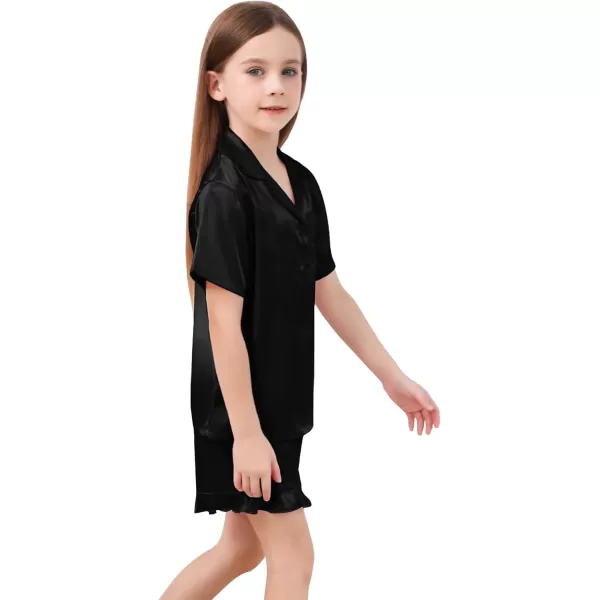SWOMOG Kids Girls Silk Satin Pajamas Sets Short Sleeve Button Down Sleepwear with Cute Ruffle Trim Silky PJs Teens Size 416Black