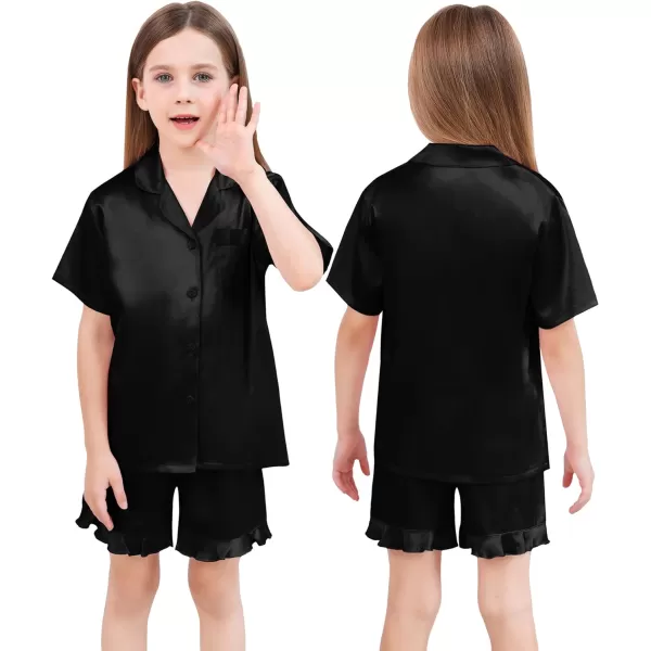 SWOMOG Kids Girls Silk Satin Pajamas Sets Short Sleeve Button Down Sleepwear with Cute Ruffle Trim Silky PJs Teens Size 416Black