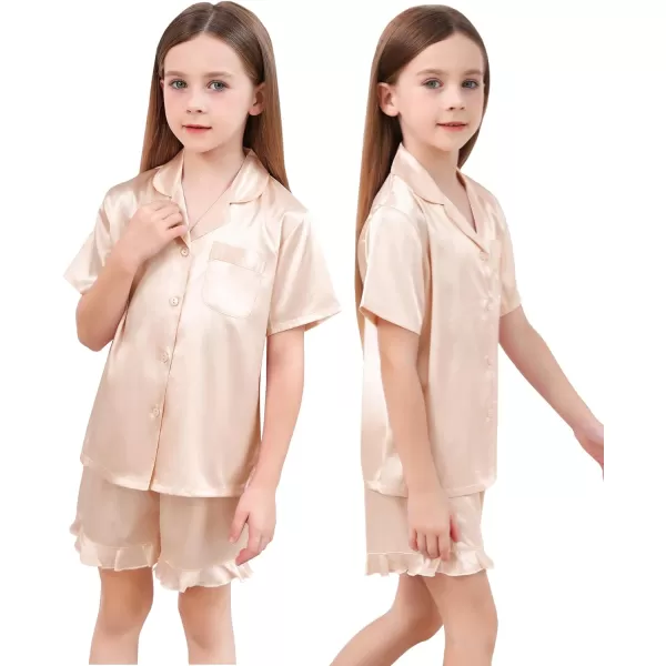 SWOMOG Kids Girls Silk Satin Pajamas Sets Short Sleeve Button Down Sleepwear with Cute Ruffle Trim Silky PJs Teens Size 416Champagne