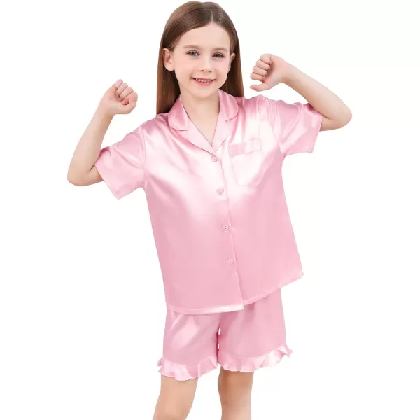 SWOMOG Kids Girls Silk Satin Pajamas Sets Short Sleeve Button Down Sleepwear with Cute Ruffle Trim Silky PJs Teens Size 416Pink