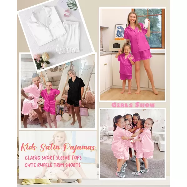 SWOMOG Kids Girls Silk Satin Pajamas Sets Short Sleeve Button Down Sleepwear with Cute Ruffle Trim Silky PJs Teens Size 416Rose