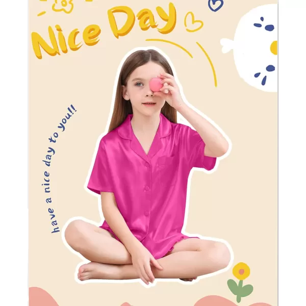SWOMOG Kids Girls Silk Satin Pajamas Sets Short Sleeve Button Down Sleepwear with Cute Ruffle Trim Silky PJs Teens Size 416Rose