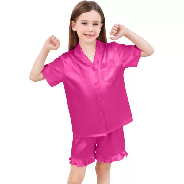 SWOMOG Kids Girls Silk Satin Pajamas Sets Short Sleeve Button Down Sleepwear with Cute Ruffle Trim Silky PJs Teens Size 416Rose